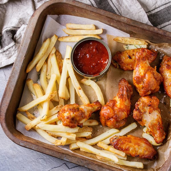 Crispy chicken wings and golden french fries with a side of red dipping sauce in a rustic tray.